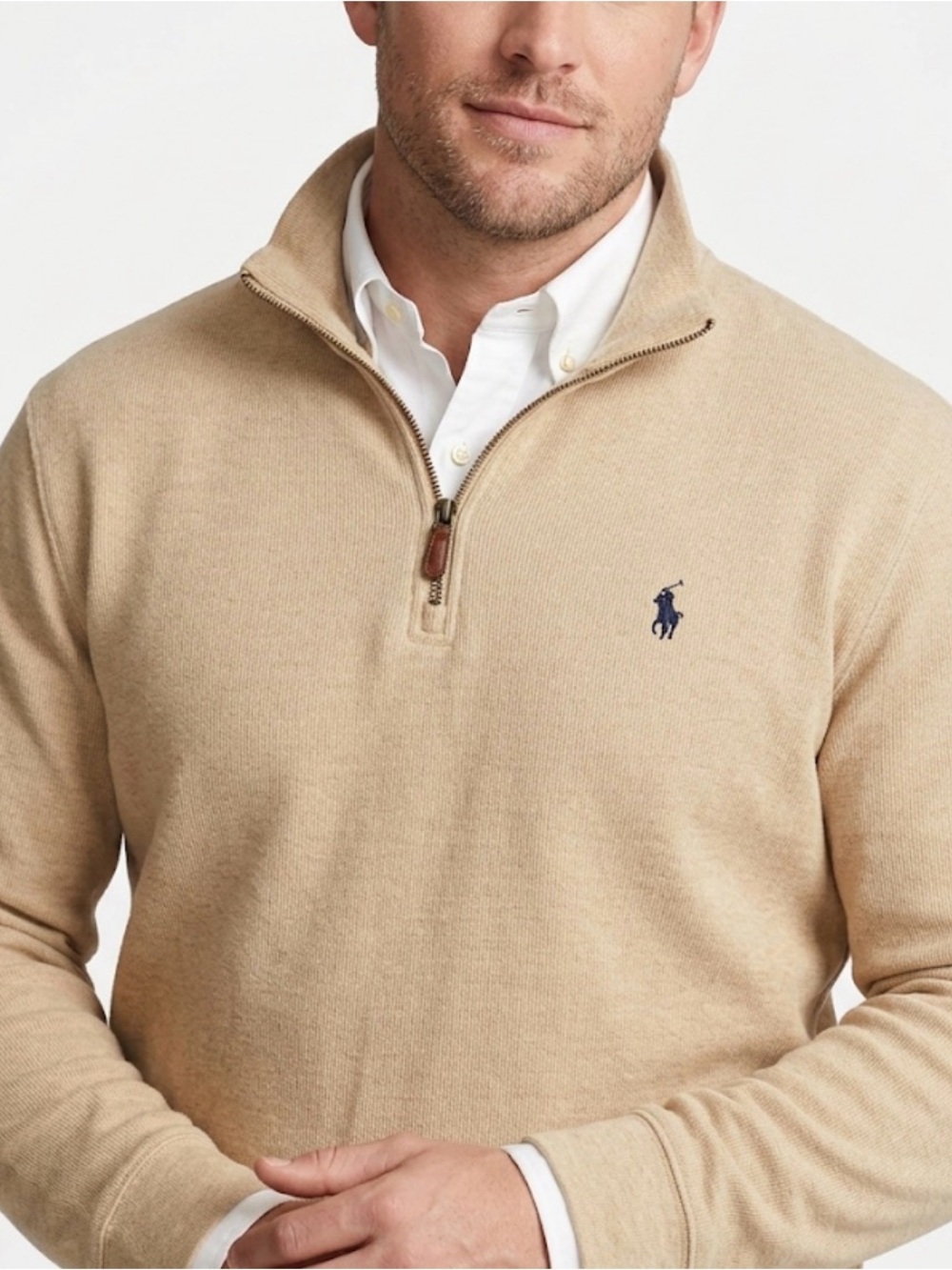 Polo Ralph Lauren Men’s XL Tan Quarter Zip Cotton Sweater Navy Blue Pony